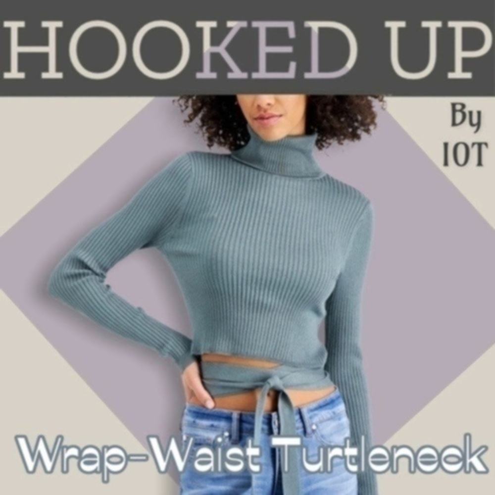 HOOKED UP Juniors' Stretchy Blue-Green Long Sleeve Tie-Wrap-Waist Turtleneck Top